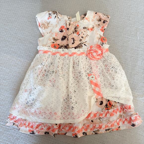 Matilda Jane Peach + White Lace Overlay Short Sleeve Floral Print Dress 12-18 - Picture 1 of 5